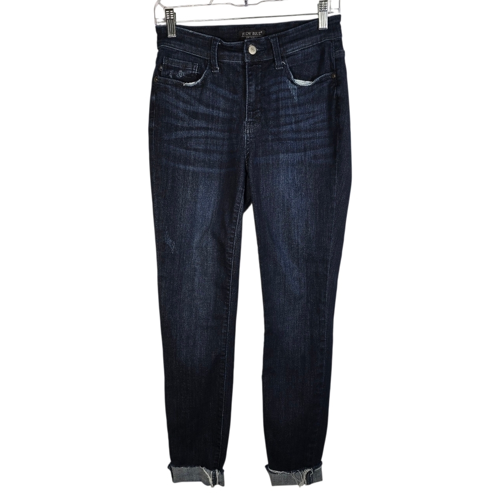 Judy Blue Women's Dark Blue Skinny Cuffed Raw Hem Jeans Distressed Size 5/27